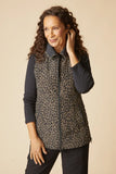 Black Leopard Print Zipper Front Vest with Flexible Standing Collar, Large Front Pockets, Reversible to Black with Leopard Print Trim by Habitat.