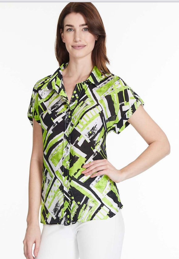 Lime/Black Button Front Blouse w/Dolman Cap Sleeves by Multiples