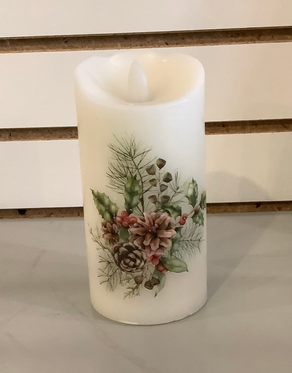 Christmas Led Fiber Optic Candle w/ Pine Cones and Holly