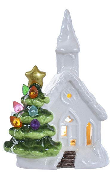 LED Ceramic Light Up Church w/Christmas Tree Shimmer