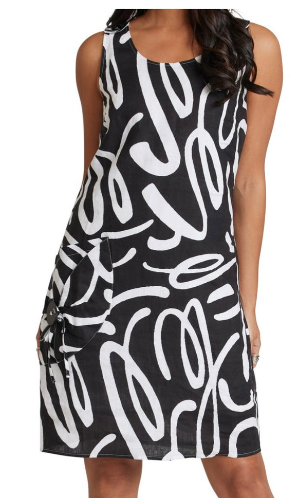 Black/White Graphic Swirl, Lined Dress w/ Scoop Neck by Carrie Noir.