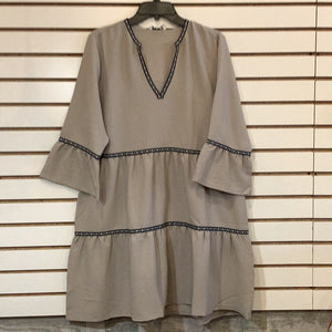 Tan V-Neck Tiered Dress or Coverup w/Elbow Length Sleeves by Simply Noelle.