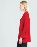 Solid Pull Tie Bell Sleeve Tunic - Red