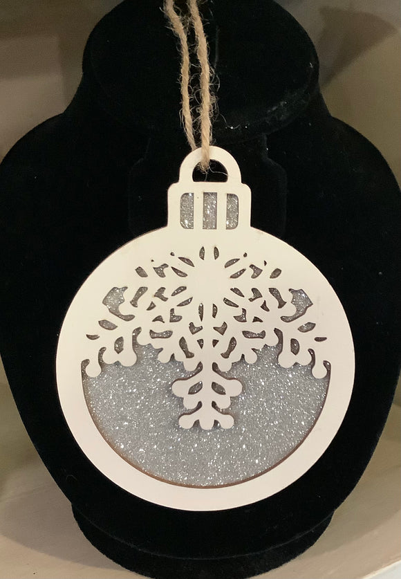 White Wood Snowflake Ornament 5”