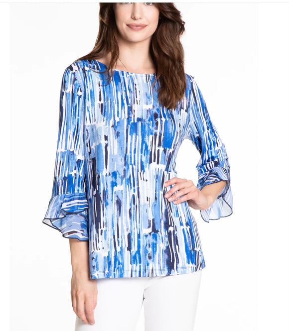 Shades of Blue Asymmetrical Top, 3/4 Flounce Sleeve Top by Multiples