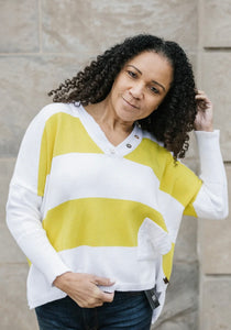 Blazing Yellow /White Stripe, V Neck, Knit Sweater w/Side Pocket by Shannon Passero.