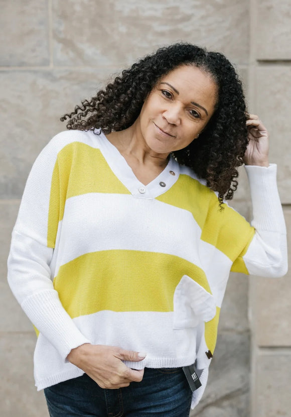 Blazing Yellow /White Stripe, V Neck, Knit Sweater w/Side Pocket by Shannon Passero.