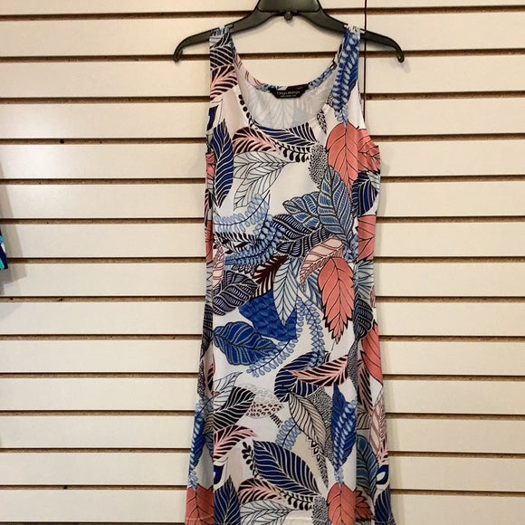 Blue/Peach/Brown Leaf Print Sleeveless Dress by Tango Mango