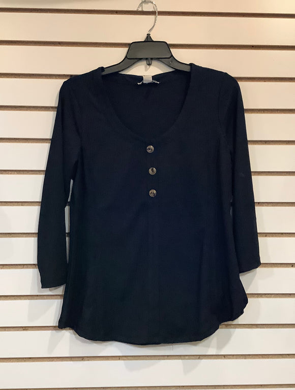 Black Rib Henley Round Neck 3/4 Sleeve by Simply Noelle