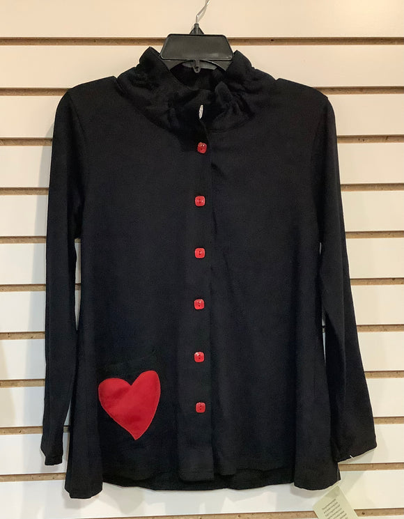 Black Ruffle Neck Top w/Red Heart Pocket by Cubism