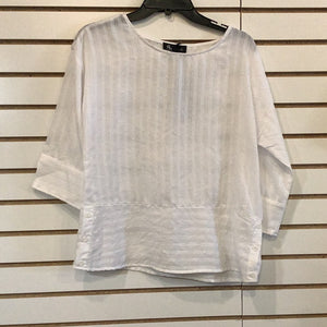 White Dotted Swiss 3/4 Sleeve Blouse w/Round Neck and Side Button Detail  by Alison Sheri.