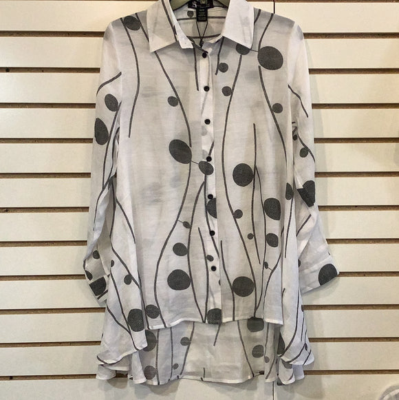 White Button Front L/S Blouse w/Black Circles and High/low Hem by Alison Sheri.