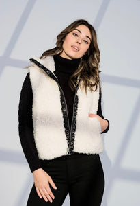 Cream Sheep’s Wool Look Vest w/ Black Faux Leather Trim by Alison Sheri.