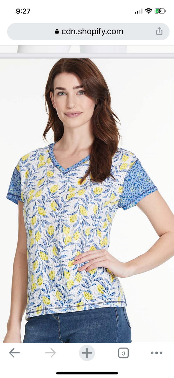 Blue/Yellow, V-Neck, Cap Sleeve Top w/High Low Hem by Multiples