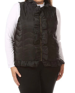 Black Front Ruffle Trim Quilted Vest by Multiples.