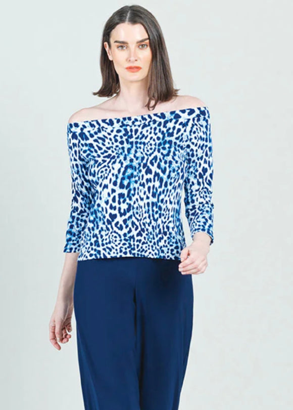 Blue/White Off Shoulder Animal Print Soft Knit Top by Clara Sun Woo