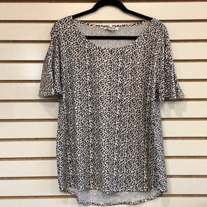 White Short Fluted Sleeve, Round Neck Top w/Black Pebble Print by Simply Noelle.