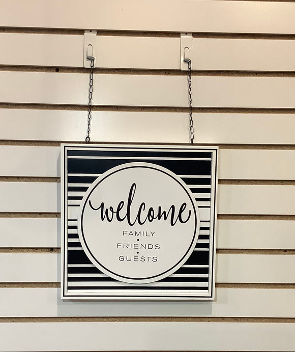 Hanging Square Black and White Welcome Sign 13”