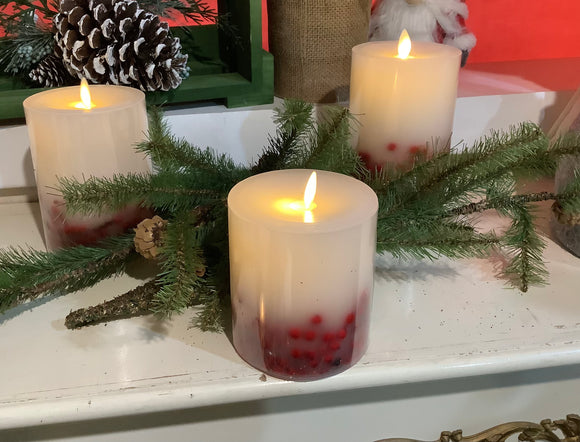 Luminary Pillar Candle w/Red Berries 3.5” X 4.5”