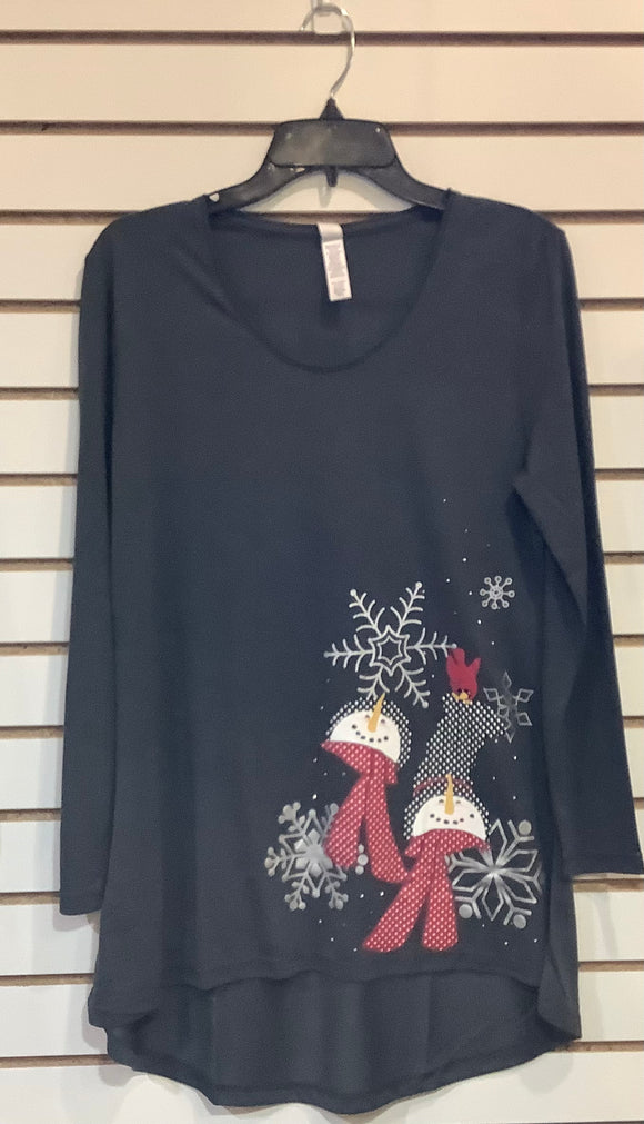 Charcoal Grey Round Neck Tunic Top w/Snow Flurries and Snowmen