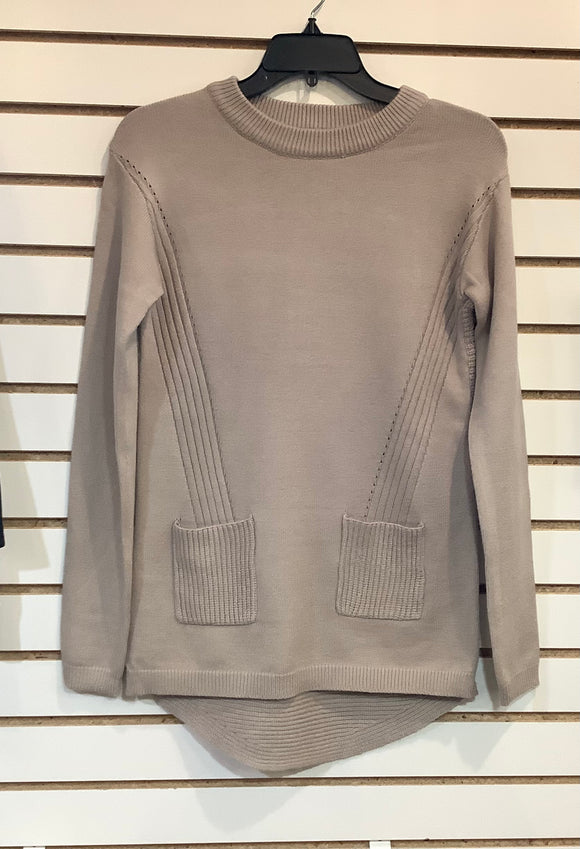 Taupe Round Neck Sweater w/Front Pockets, High/low Hem by Orly.