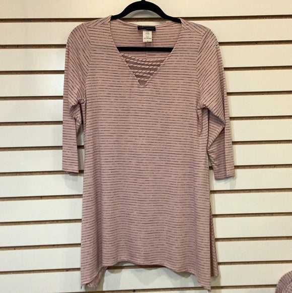 Mauve V-Neck 3/4 Sleeve Tunic w/ Soft Black Vertical Stripe by Sea and Anchor.
