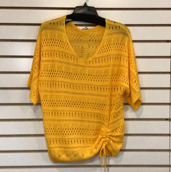 Gold Crochet, V Neck Short Sleeve Top w/Side Draw String  by Simply Noelle.