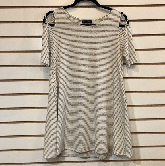 White Tunic w/Short Sleeve Shoulder Cut Outoutw/ Soft Black Stripe by Sea and Anchor.
