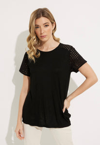 Black Round Neck Top w/ Short Sleeves w/Lattice Detail on Sleeves by Orly.