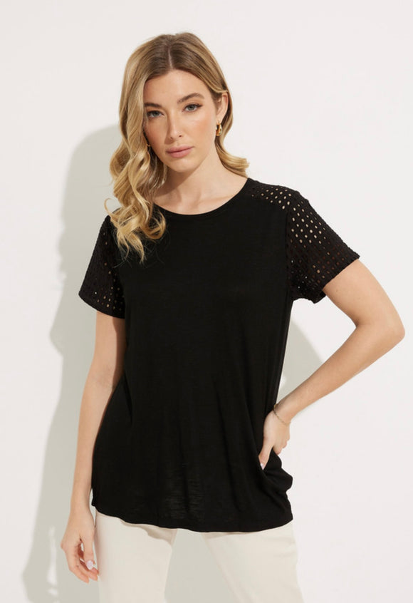 Black Round Neck Top w/ Short Sleeves w/Lattice Detail on Sleeves by Orly.