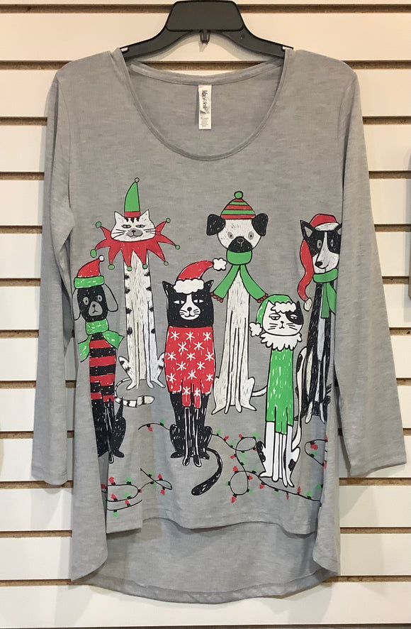 Grey Round Neck Tunic Top w/Christmas Tall Cats and Dogs