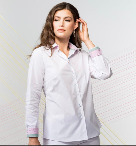 White Long Sleeve, Button Front Blouse by Elena Wang.