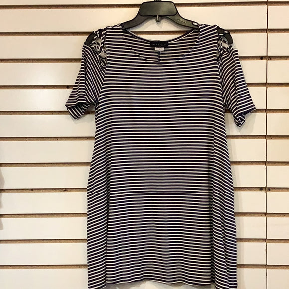Navy/White Striped Tunic w/ Lattice Cut-Outs on Short Sleeve  by Sea and Anchor.