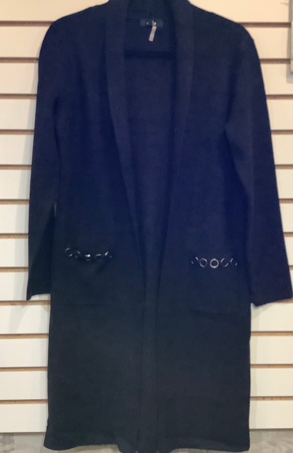 Black Knit Long Jacket w/Silver Ring Trim on Front Pockets by Orly