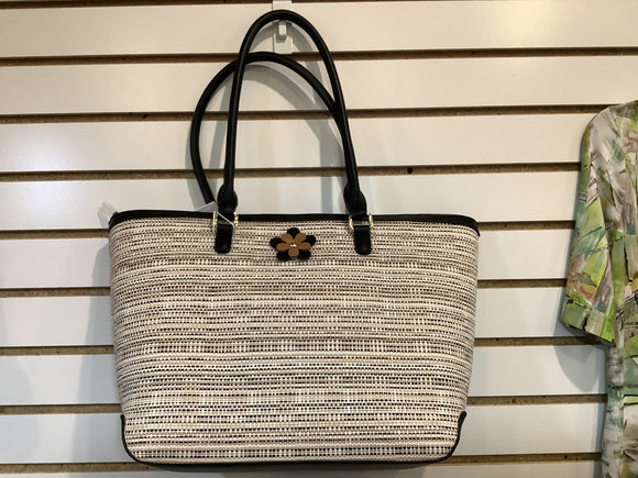Woven Black/Beige Beach Totew/ Floral Rosette by Simply Noelle