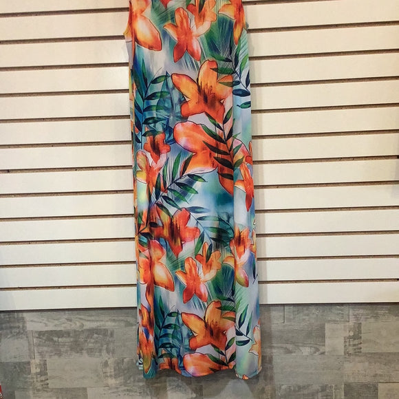 White Sleeveless, Tropical Print Orange/Blue Floral MIDI Dress by Sea and Anchor.