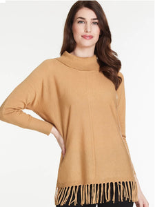 Camel  Cowl Neck Sweater w/ Fringe Bottom by Multiples